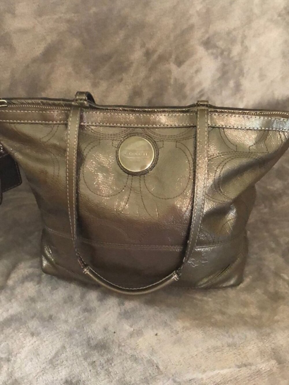Coach Metallic Olive / Bronze Debossed Patent Leather City Zip Tote Bag (F54805)